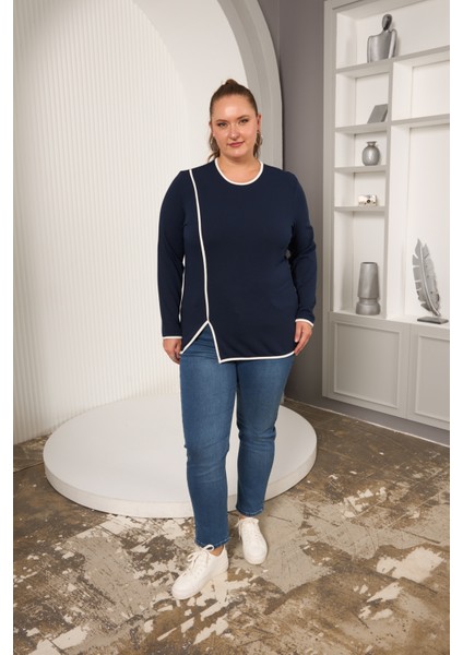 Büyük Beden Kontrast Biye Detaylı Asimetrik Bluz indirimleri