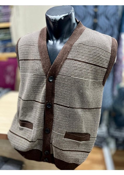 Erkek Triko Düğmeli Cepli Desenli Yelek