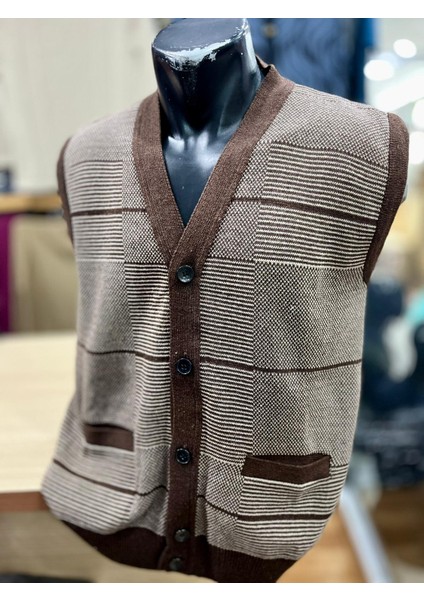 Erkek Triko Düğmeli Cepli Desenli Yelek modelleri