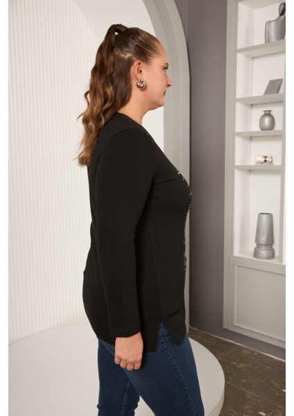 Büyük Beden Siyah Sim Detaylı Dalgalı Desenli Uzun Kollu Bluz modelleri