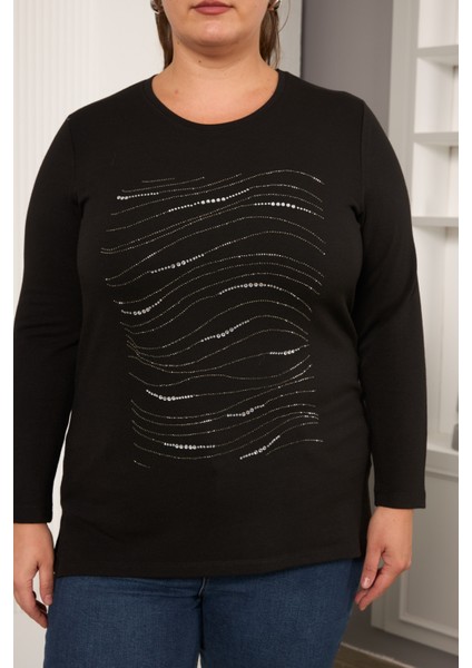 Büyük Beden Siyah Sim Detaylı Dalgalı Desenli Uzun Kollu Bluz indirimleri