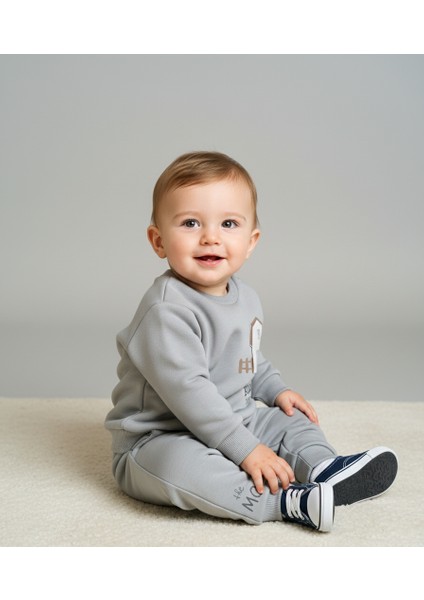 3 İplik Şardonlu Farm House Baskılı Gri Bebek Sweatshirt ve Eşofman Altı 2'li Takım