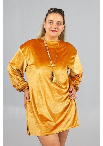 Maksimum Şıklık Kolyeli Büyük Beden Hardal Kadife Tunik