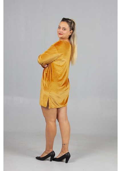 Maksimum Şıklık Kolyeli Büyük Beden Hardal Kadife Tunik fırsatları