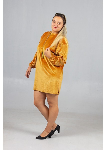 Maksimum Şıklık Kolyeli Büyük Beden Hardal Kadife Tunik indirimleri