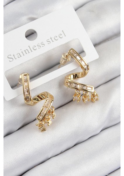 Pirinç Zirkon Taşlı Kıvrımlı Model Gold Renk Kadın Küpe