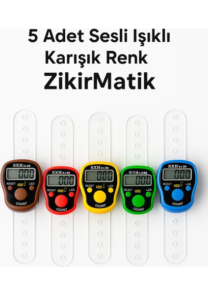 5 Adet - Işıklı Sesli Zikirmatik – Dijital Yüzük Tesbih Sayaç – 100 Sayımda Alarm Özellikli