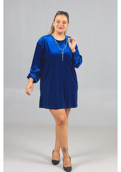 Maksimum Şıklık Kolyeli Büyük Beden Mavi Kadife Tunik modelleri