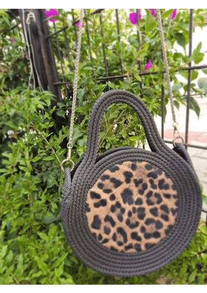 El Yapımı Leopar Desenli Yuvarlak Çanta, Antrasit Kordon ve Zincir Askılı Omuz Çantası fırsatları