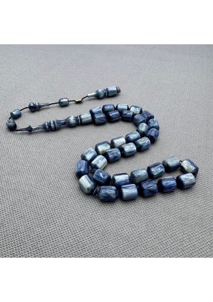 Emine Reşvani Usta Işçilikli Yoğun Hareli Simli Mavi Sıkma Kehribar Tespih