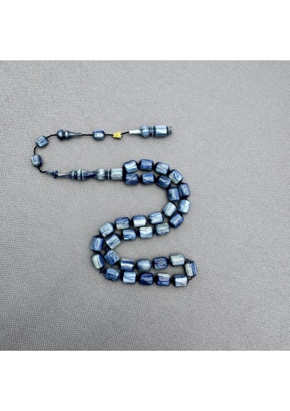 Emine Reşvani Usta Işçilikli Yoğun Hareli Simli Mavi Sıkma Kehribar Tespih fiyatları