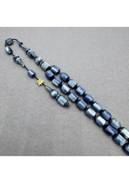 Emine Reşvani Usta Işçilikli Yoğun Hareli Simli Mavi Sıkma Kehribar Tespih modelleri