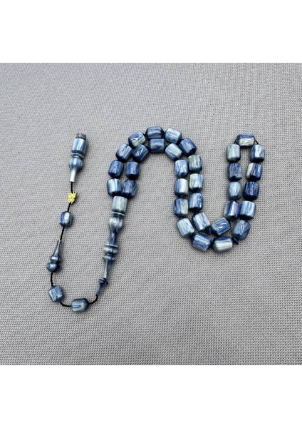 Emine Reşvani Usta Işçilikli Yoğun Hareli Simli Mavi Sıkma Kehribar Tespih indirimleri