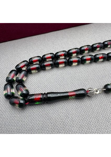 Alpaka Püsküllü Yeşil Şeffaf Kırmızı Ip Yollu Sıkma Kehribar Tespih