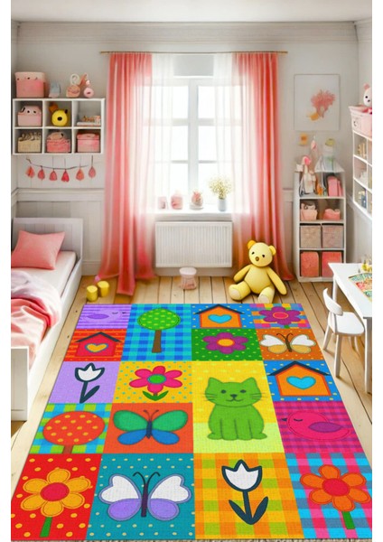 Renkli Eğlenceli Patchwork Dijital Baskılı Dokuma Kaymaz Tabanlı Yıkanabilir Anaokulu Halısı Çocuk Odası Halısı