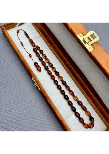 Babalar Günü Özel Usta Işçilikli Sarı Kırmızı Renk Dalgalı Yoğun Hareli Sıkma Kehribar Tespih