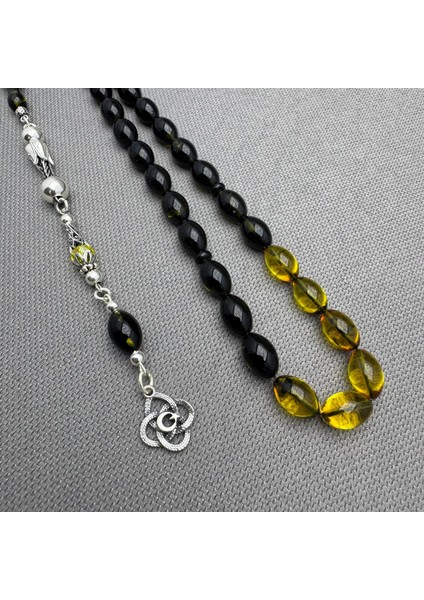 925 Ayar Ayyıldız Gümüş Püsküllü Sarı Siyah Renkli Sıkma Kehribar Tespih