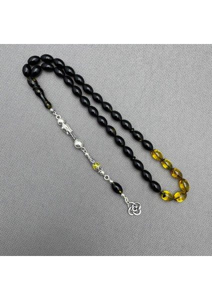 925 Ayar Ayyıldız Gümüş Püsküllü Sarı Siyah Renkli Sıkma Kehribar Tespih fiyatları