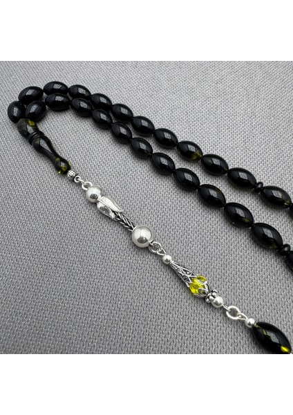 925 Ayar Ayyıldız Gümüş Püsküllü Sarı Siyah Renkli Sıkma Kehribar Tespih modelleri