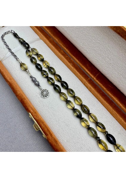 Babalar Günü Özel Kadife Kutulu 925 Ayar Gümüş Püsküllü Hareli Sıkma Kehribar Tespih