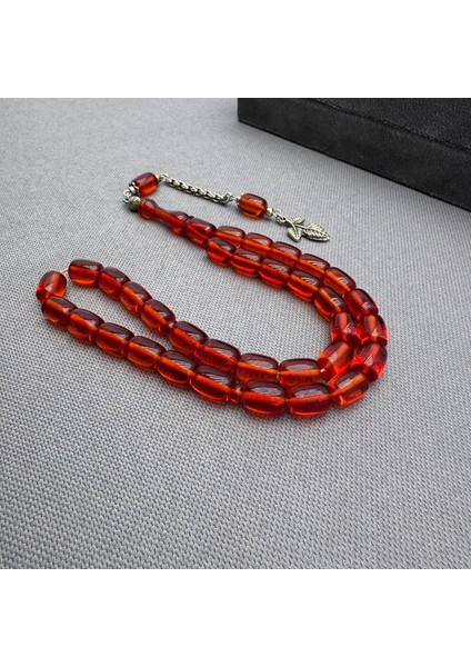 Alpaka Püsküllü Kırmızı Sıkma Kehribar Tespih