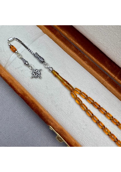 Babalar Günü Özel 925 Ayar Gümüş Püsküllü Bilek Boy Bal Rengi Sıkma Kehribar Tespih