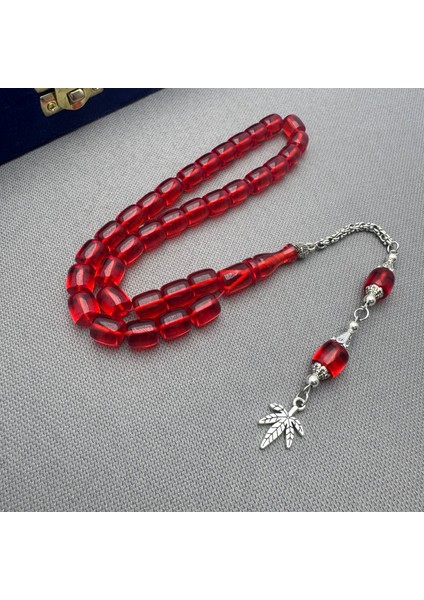 Alpaka Püsküllü Kırmızı Kapsül Model Sıkma Kehribar Tespih