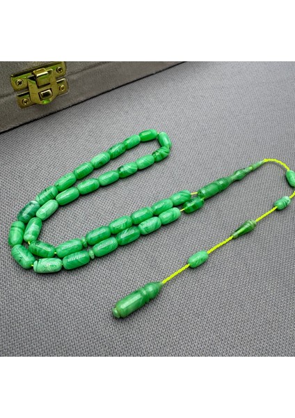 Usta Işçilikli Çimen Yeşili Yoğun Hareli Sıkma Kehribar Tespih