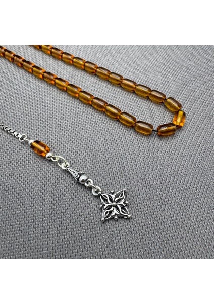 925 Ayar Gümüş Püsküllü Bilek Boy Bal Rengi Sıkma Kehribar Tespih