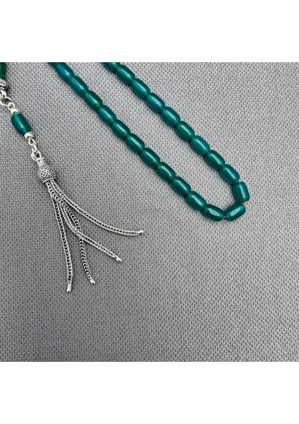 925 Ayar Gümüş Püsküllü Bilek Boy Zümrüt Yeşili Sıkma Kehribar Tespih