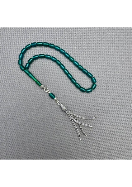925 Ayar Gümüş Püsküllü Bilek Boy Zümrüt Yeşili Sıkma Kehribar Tespih fiyatları
