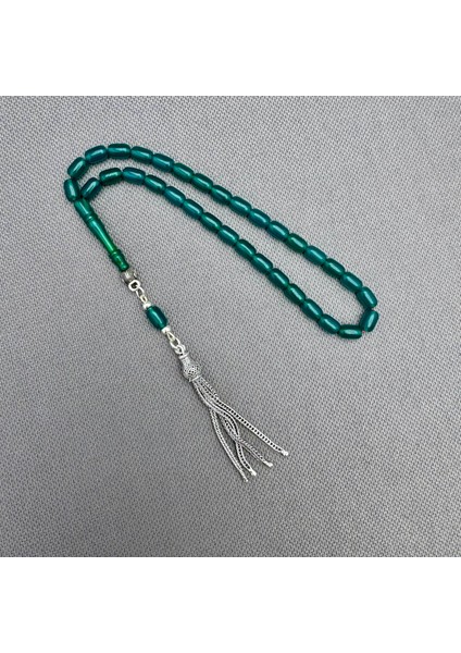 925 Ayar Gümüş Püsküllü Bilek Boy Zümrüt Yeşili Sıkma Kehribar Tespih indirimleri