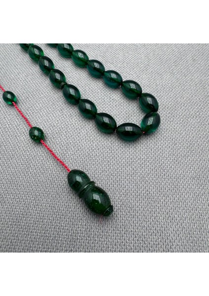 Usta Işçilikli Zümrüt Yeşili Simli Hitame Buğulu Hamur Sıkma Kehribar Tespih