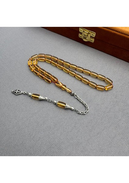 Alpaka Püsküllü Açık Şeffaf Turuncu Kapsül Kesim Sıkma Kehribar Tespih