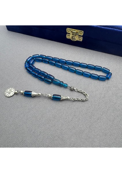 Alpaka Püsküllü Mavi Renk Özel Döküm Kapsül Kesim Sıkma Kehribar Tespih