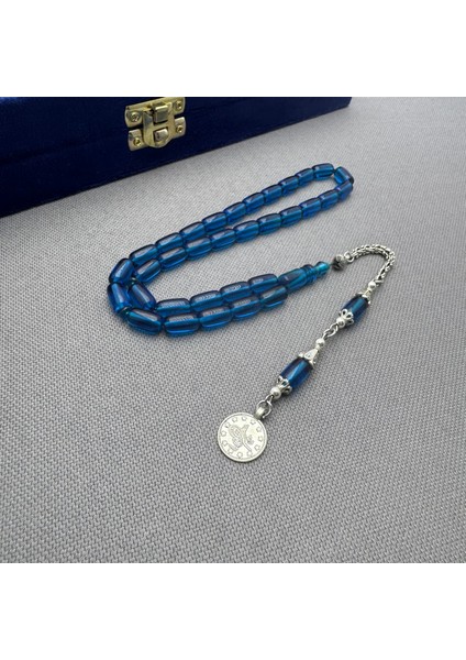 Alpaka Püsküllü Mavi Renk Özel Döküm Kapsül Kesim Sıkma Kehribar Tespih fiyatları