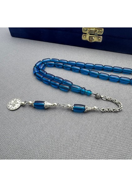 Alpaka Püsküllü Mavi Renk Özel Döküm Kapsül Kesim Sıkma Kehribar Tespih modelleri