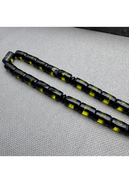 Alpaka Püsküllü Sarı Siyah Sürmeli Kesme Model Sıkma Kehribar Tespih