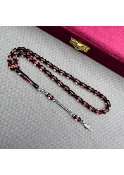 Alpaka Püsküllü Kırmızı Siyah Sürmeli Model Sıkma Kehribar Tespih