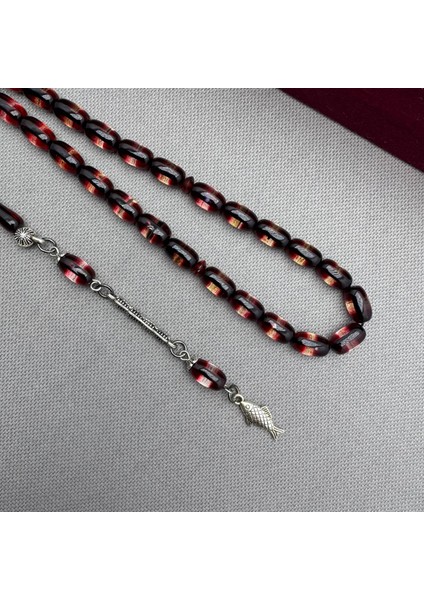 Alpaka Püsküllü Kırmızı Siyah Sürmeli Model Sıkma Kehribar Tespih fiyatları