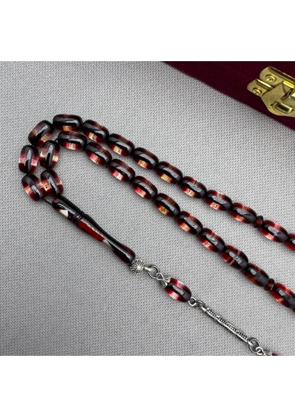 Alpaka Püsküllü Kırmızı Siyah Sürmeli Model Sıkma Kehribar Tespih modelleri