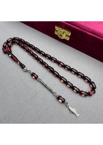 Alpaka Püsküllü Kırmızı Siyah Sürmeli Model Sıkma Kehribar Tespih fırsatları