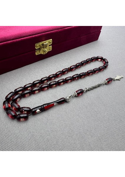 Alpaka Püsküllü Kırmızı Siyah Sürmeli Model Sıkma Kehribar Tespih