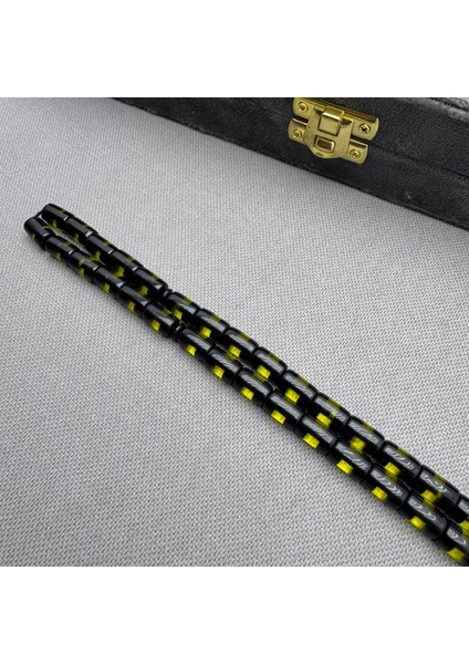 Alpaka Püsküllü Sarı Siyah Sürmeli Kesme Model Sıkma Kehribar Tespih