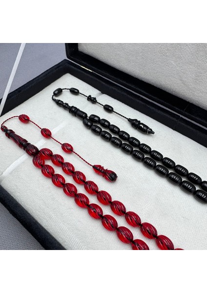 Özel Kalem Işçilikli Ateş ve Sıkma Kehribar Ikili Hediyelik Tespih Set