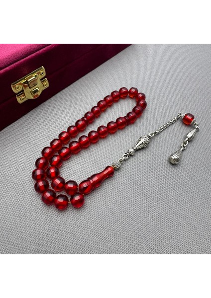 Alpaka Püsküllü Havşa Delim Küre Kesim Kırmızı Renk Sıkma Kehribar Tespih