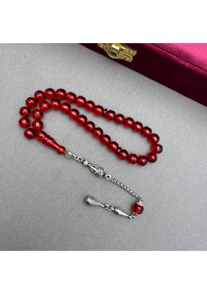 Alpaka Püsküllü Havşa Delim Küre Kesim Kırmızı Renk Sıkma Kehribar Tespih fiyatları