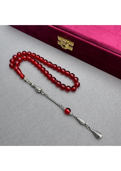 Alpaka Püsküllü Havşa Delim Küre Kesim Kırmızı Renk Sıkma Kehribar Tespih