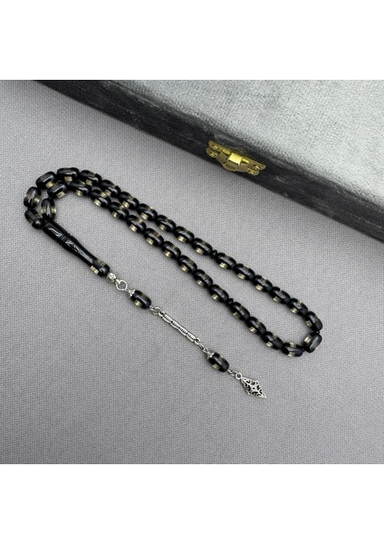 Alpaka Püsküllü Şeffaf Siyah Sürmeli Sıkma Kehribar Tespih