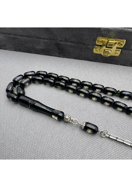 Alpaka Püsküllü Şeffaf Siyah Sürmeli Sıkma Kehribar Tespih indirimleri